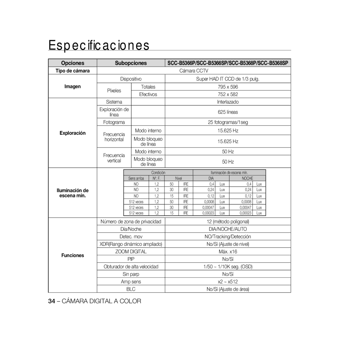 Samsung SCC-B5368BP, SCC-B5368P, SCC-B5366P, SCC-B5366BP manual 34 Cámara Digital a Color 