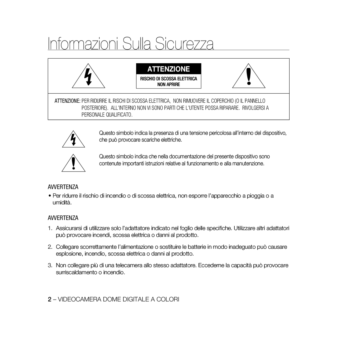 Samsung SCC-B5368BP, SCC-B5368P, SCC-B5366P, SCC-B5366BP manual Informazioni Sulla Sicurezza, Attenzione 