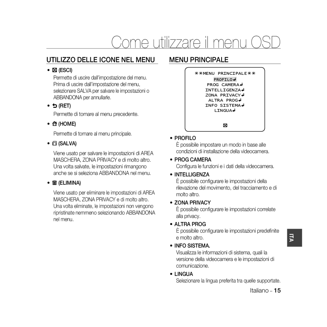 Samsung SCC-B5368P, SCC-B5368BP, SCC-B5366P, SCC-B5366BP manual Utilizzo Delle Icone NEL Menu, Menu Principale 