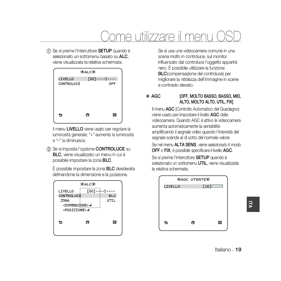 Samsung SCC-B5368P, SCC-B5368BP, SCC-B5366P, SCC-B5366BP ‹ALC‹ Livello, Zona Util Dimensione Posizione, ‹Agc Utente‹ 