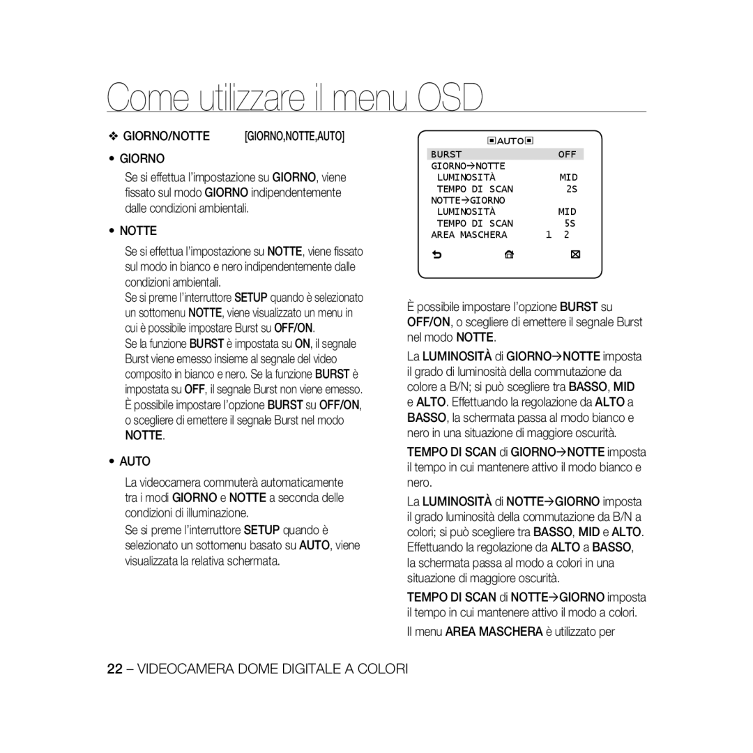 Samsung SCC-B5368BP, SCC-B5368P, SCC-B5366P, SCC-B5366BP manual Giorno, Notte Auto, Il menu Area Maschera è utilizzato per 