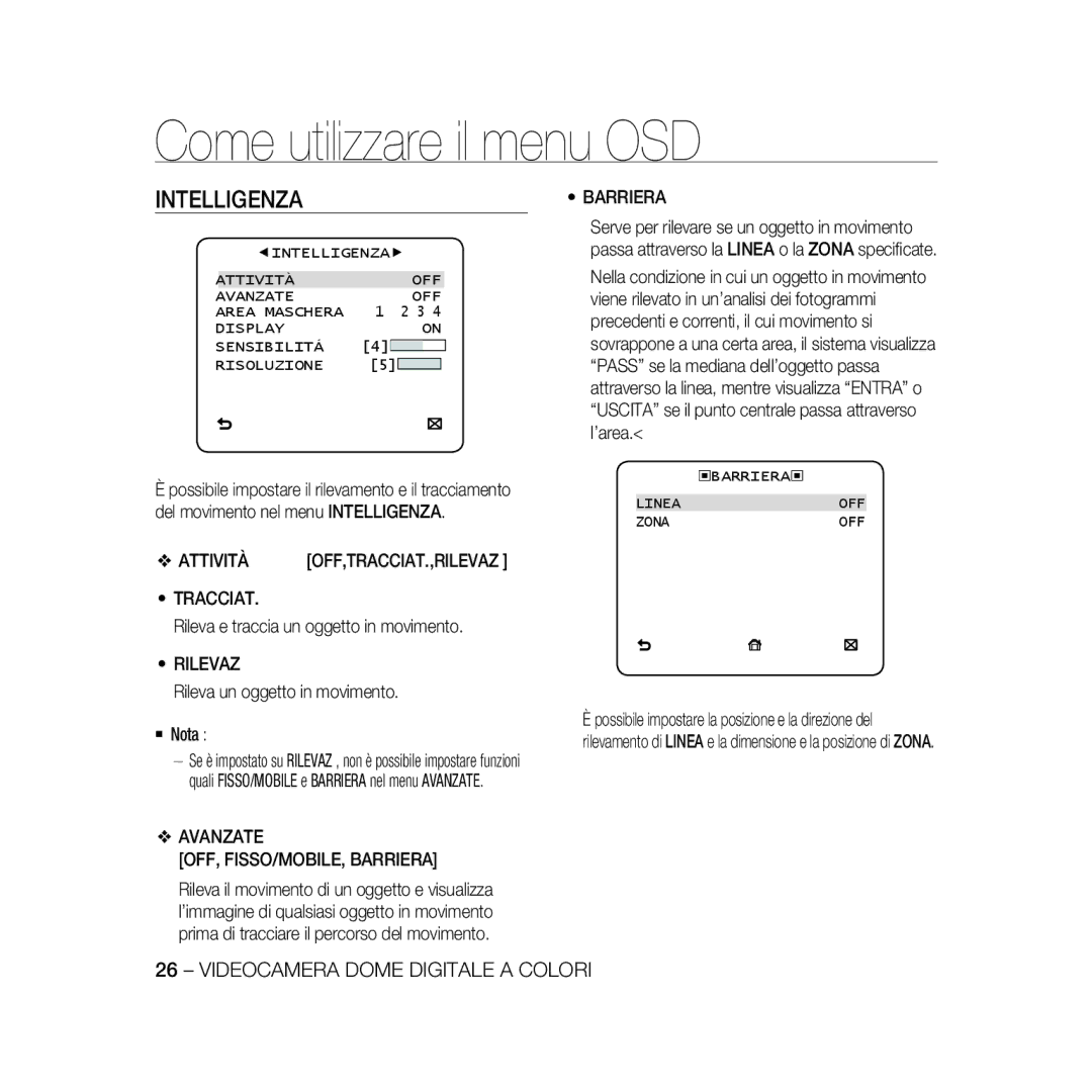 Samsung SCC-B5368BP, SCC-B5368P, SCC-B5366P, SCC-B5366BP manual Intelligenza 