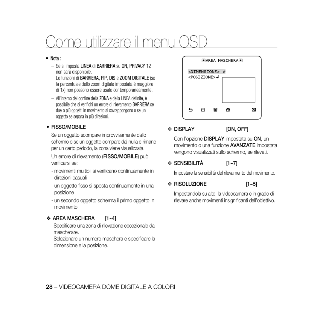 Samsung SCC-B5366P manual Fisso/Mobile, Area Maschera, Sensibilitá, Impostare la sensibilità del rilevamento del movimento 