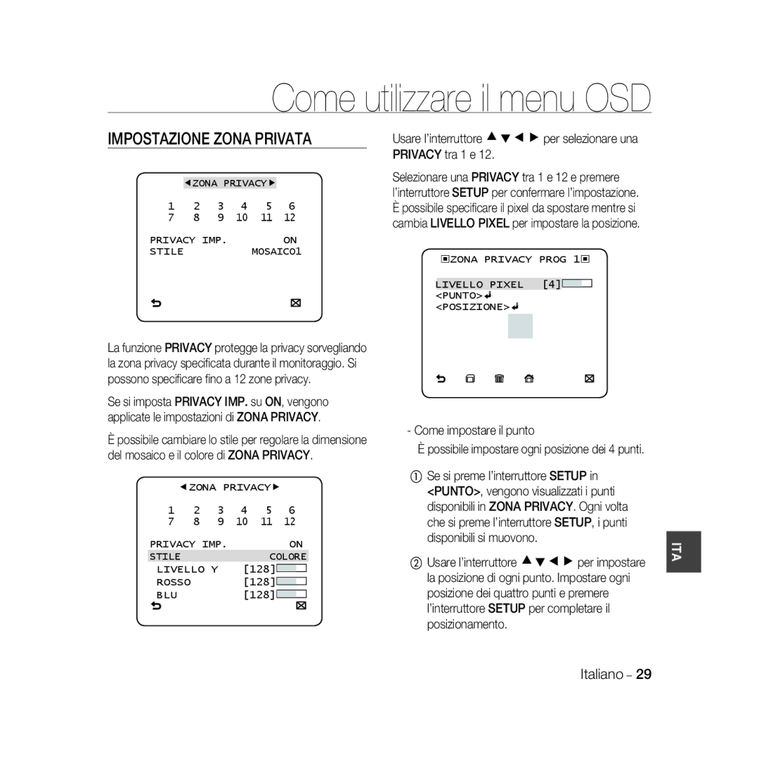 Samsung SCC-B5366BP manual Impostazione Zona Privata, ② Usare l’interruttore cdef per impostare, Privacy IMP Stile MOSAICO1 