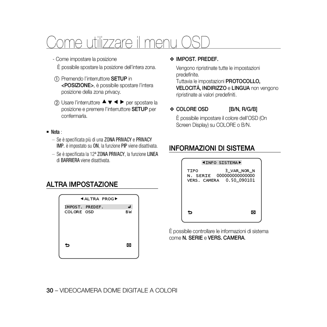 Samsung SCC-B5368BP, SCC-B5368P, SCC-B5366P manual Altra Impostazione, Informazioni DI Sistema, IMPOST. Predef, Colore OSD 