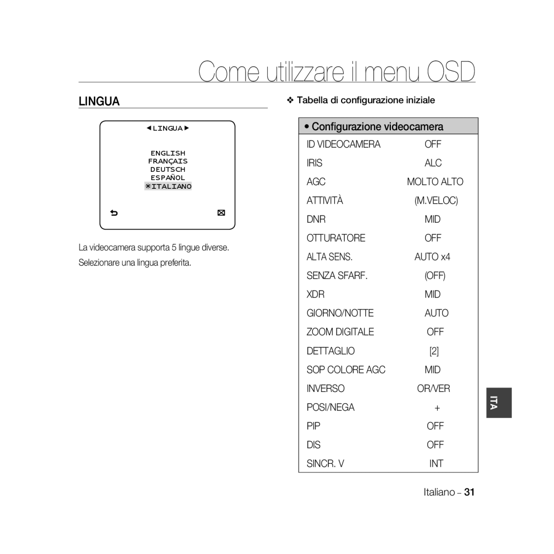 Samsung SCC-B5368P manual Lingua, Tabella di conﬁgurazione iniziale, Molto Alto, English Français Deutsch Español Ãitaliano 