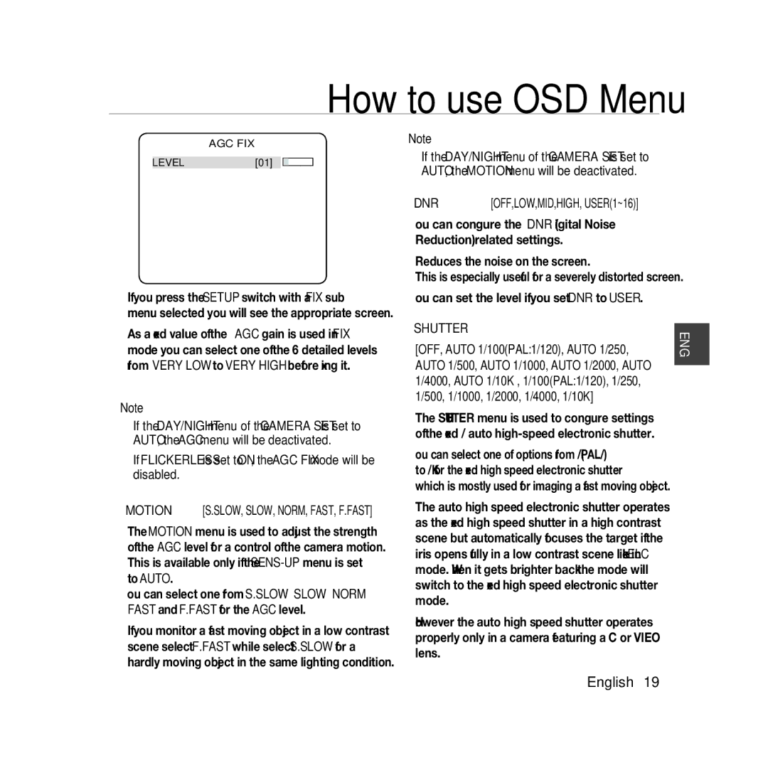 Samsung SCC-B5366BP, SCC-B5368BP, SCC-B5368P Dnr, You can set the level if you set DNR to User, Shutter, Motion, ‹Agc Fix‹ 