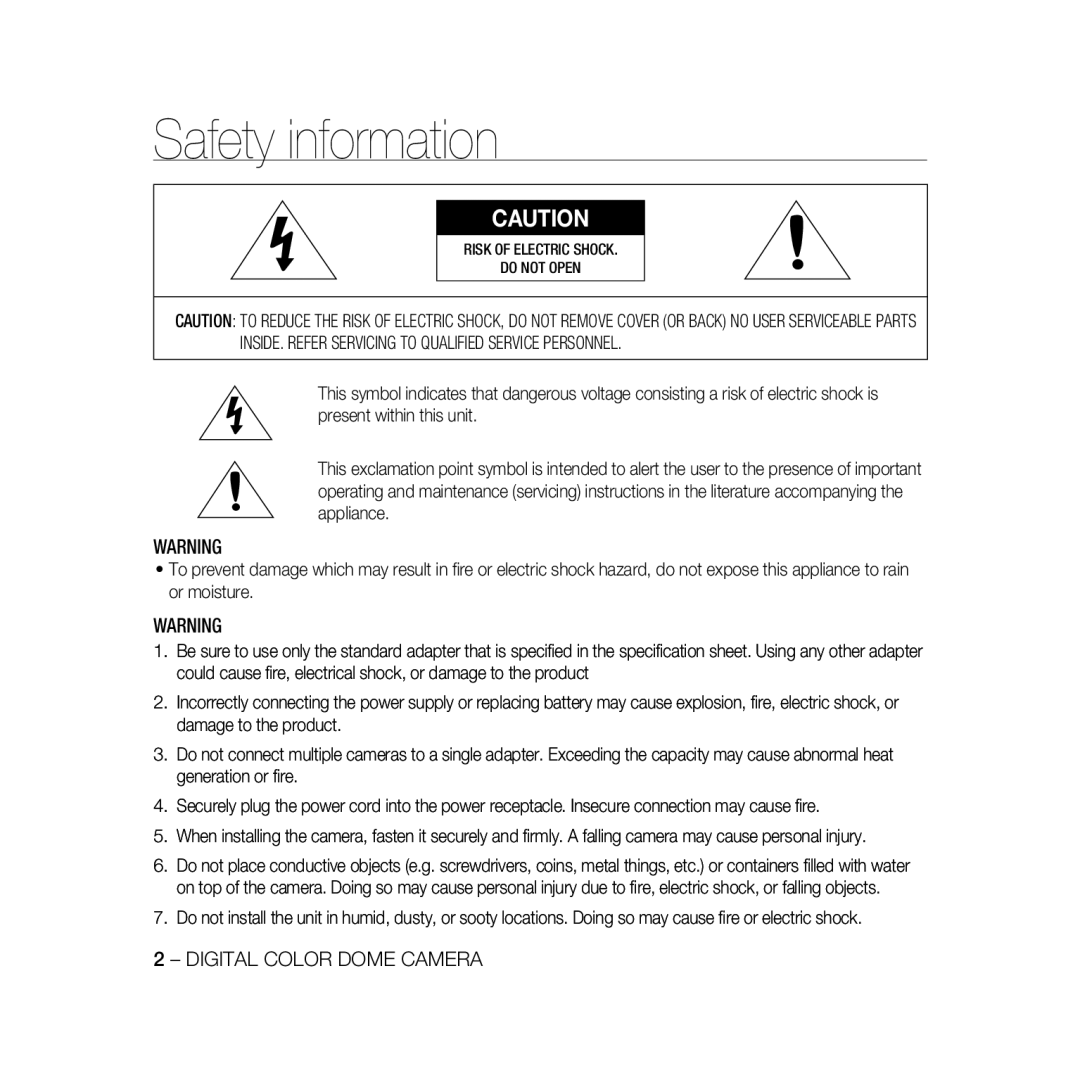 Samsung SCC-B5366P, SCC-B5368BP, SCC-B5368P, SCC-B5366BP manual Safety information 