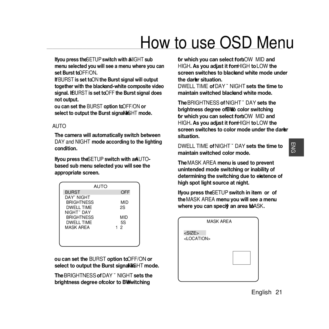 Samsung SCC-B5368P, SCC-B5368BP manual Auto, Burst OFF DAY Ænight Brightness MID Dwell Time Night Æday, Dwell Time Mask Area 