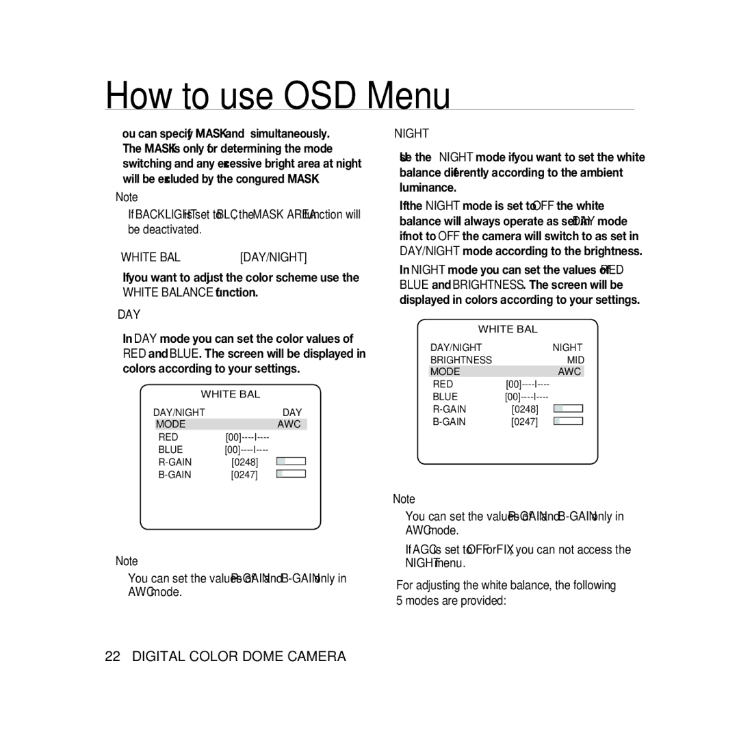 Samsung SCC-B5366P, SCC-B5368BP manual White BAL, ‹WHITE BAL ‹ DAY/NIGHT Mode AWC RED Blue Gain, ‹White Bal ‹ Day/Night 