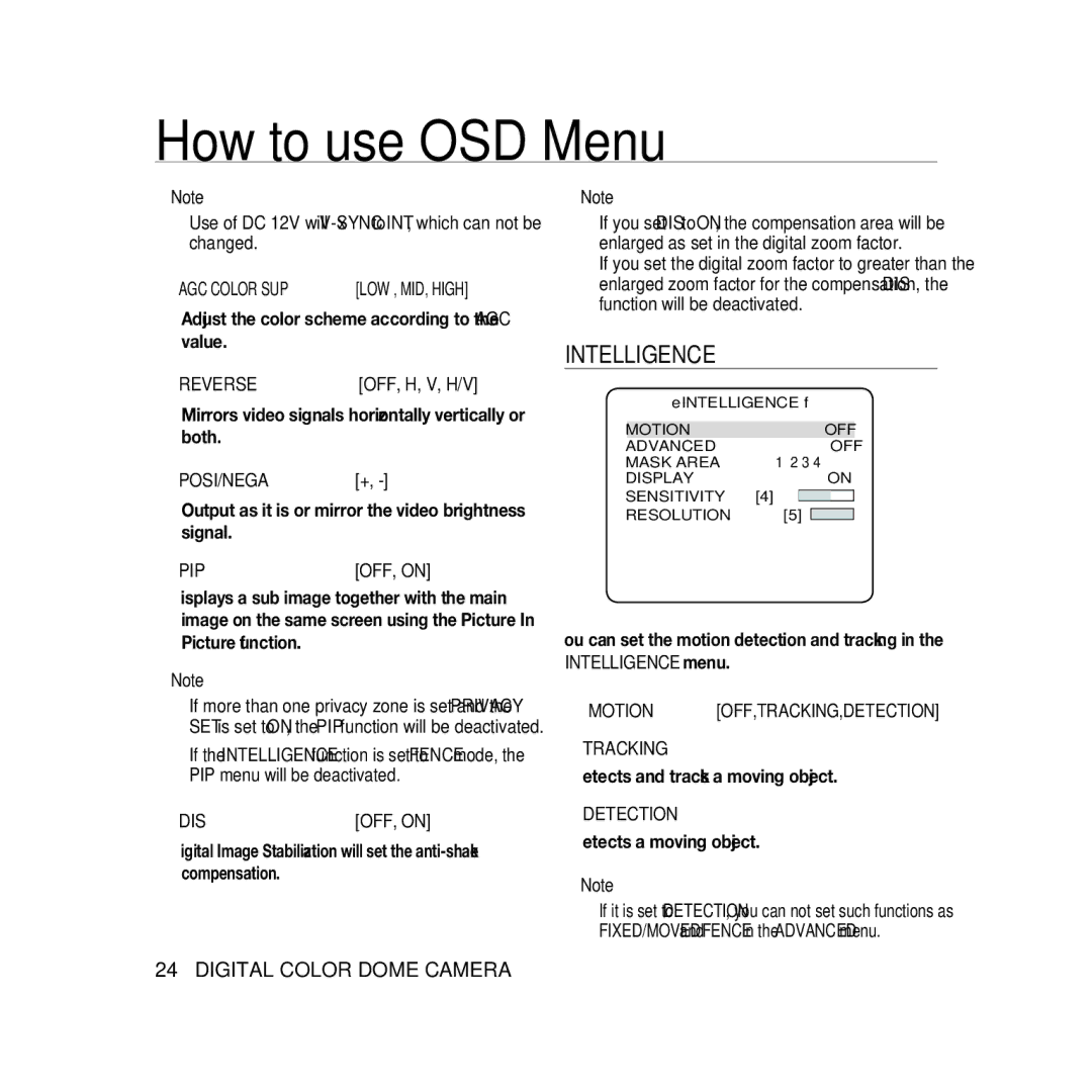 Samsung SCC-B5368BP, SCC-B5368P, SCC-B5366P, SCC-B5366BP manual Intelligence 