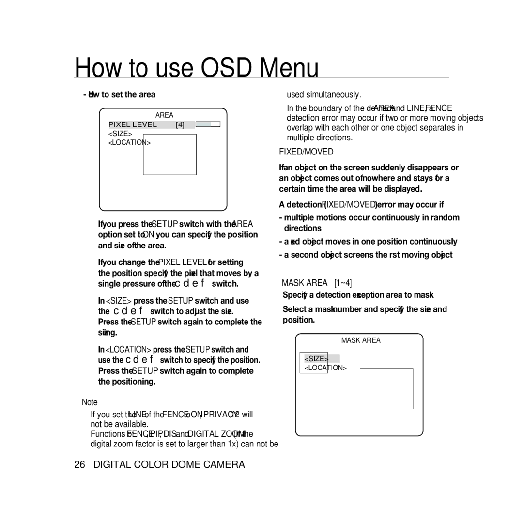 Samsung SCC-B5366P, SCC-B5368BP, SCC-B5368P, SCC-B5366BP How to set the area, Used simultaneously, Fixed/Moved, Pixel Level 