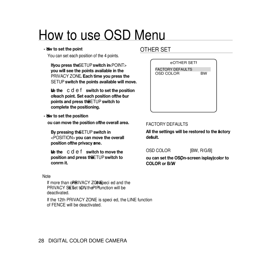 Samsung SCC-B5368BP, SCC-B5368P, SCC-B5366P, SCC-B5366BP manual Other SET, Factory Defaults, OSD Color 