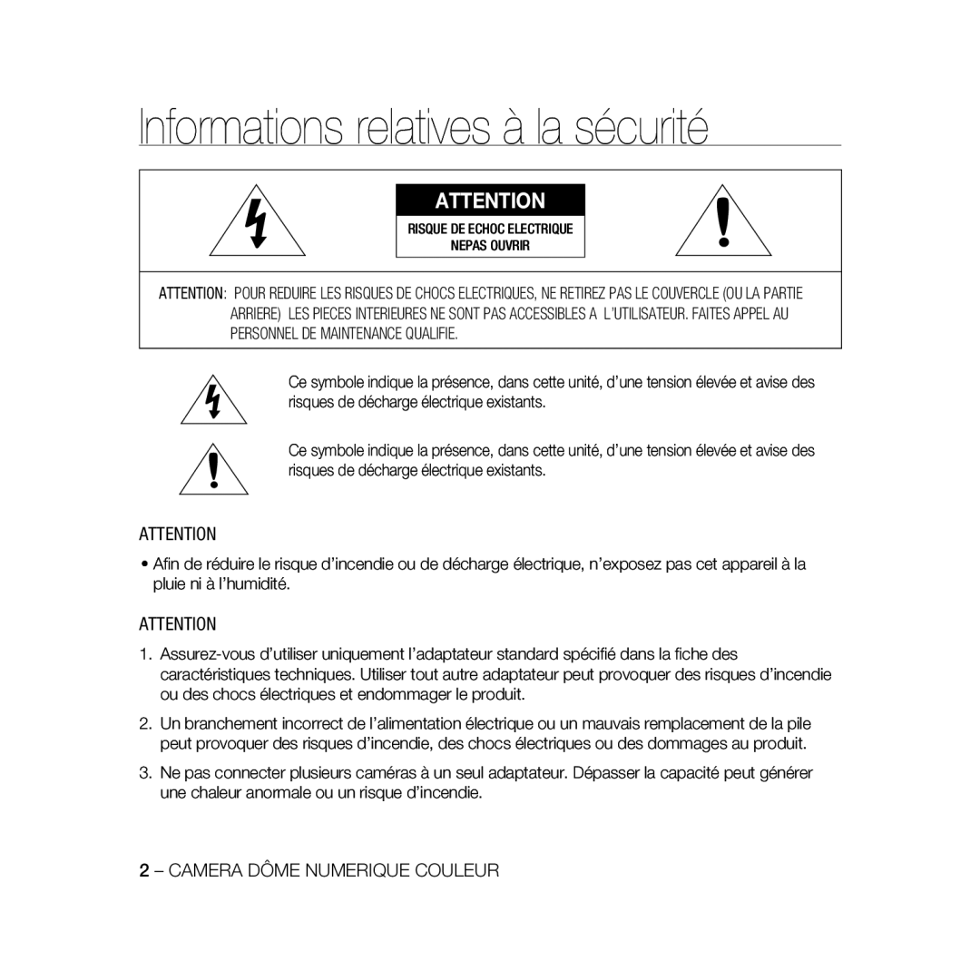 Samsung SCC-B5368BP, SCC-B5368P, SCC-B5366P, SCC-B5366BP manual Informations relatives à la sécurité 