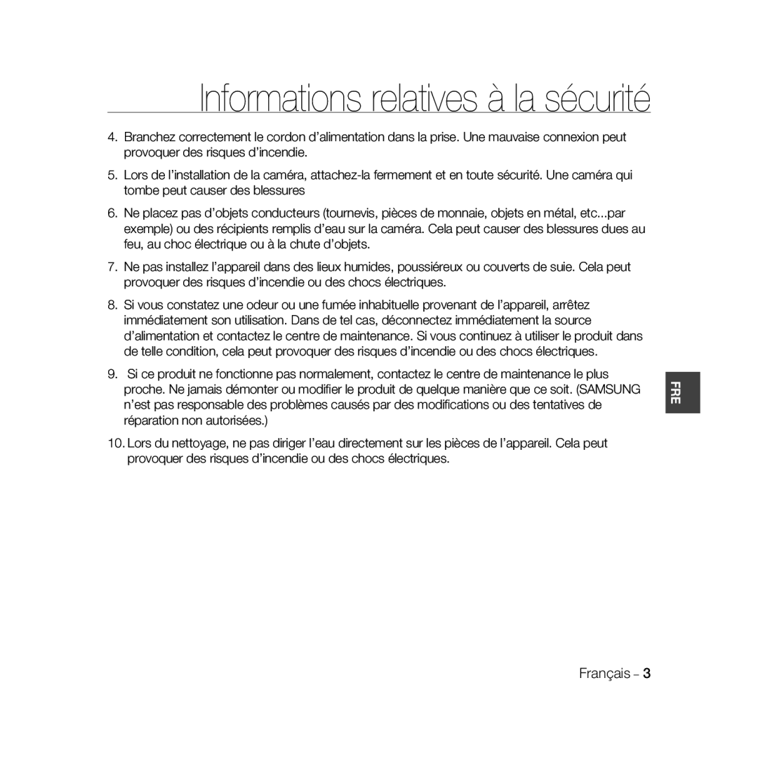 Samsung SCC-B5368P, SCC-B5368BP, SCC-B5366P, SCC-B5366BP manual Français 