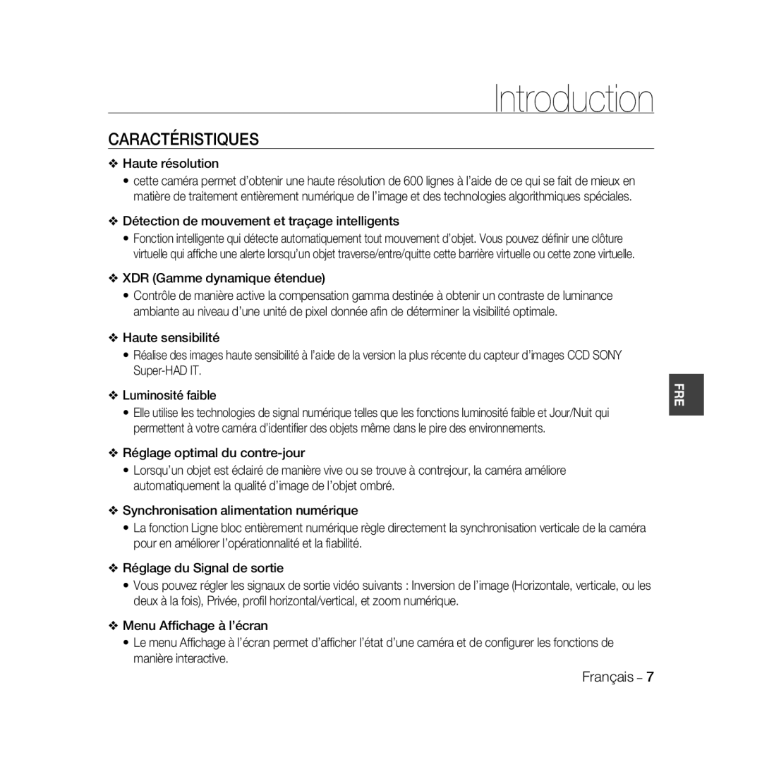 Samsung SCC-B5368P, SCC-B5368BP manual Caractéristiques, Haute résolution, Détection de mouvement et traçage intelligents 