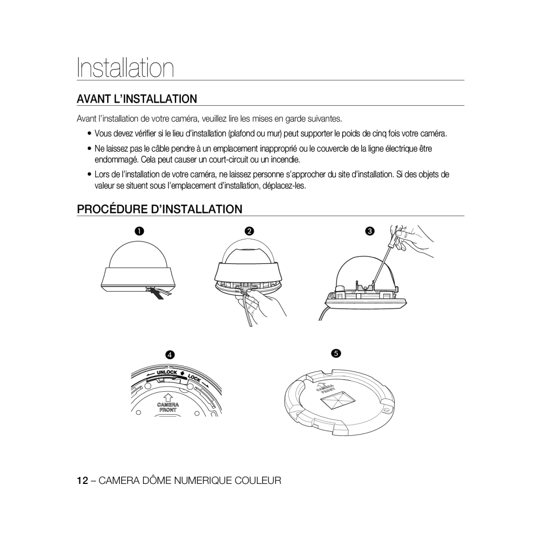 Samsung SCC-B5366P, SCC-B5368BP, SCC-B5368P, SCC-B5366BP manual Avant L’INSTALLATION, Procédure D’INSTALLATION 