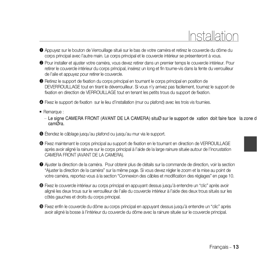 Samsung SCC-B5366BP, SCC-B5368BP, SCC-B5368P, SCC-B5366P manual Camera Front Avant DE LA Camera 