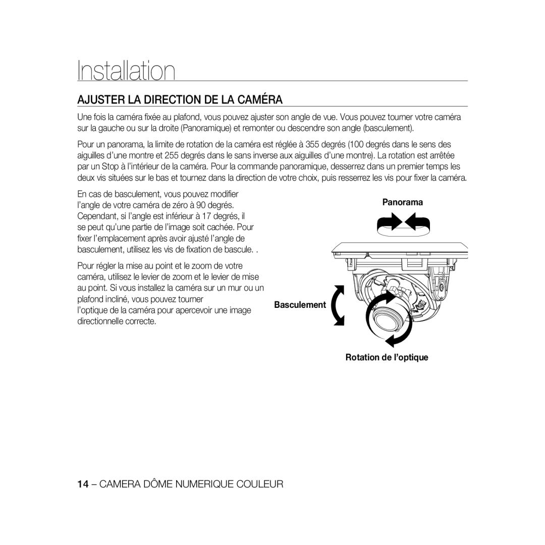 Samsung SCC-B5368BP, SCC-B5368P, SCC-B5366P, SCC-B5366BP manual Ajuster LA Direction DE LA Caméra 