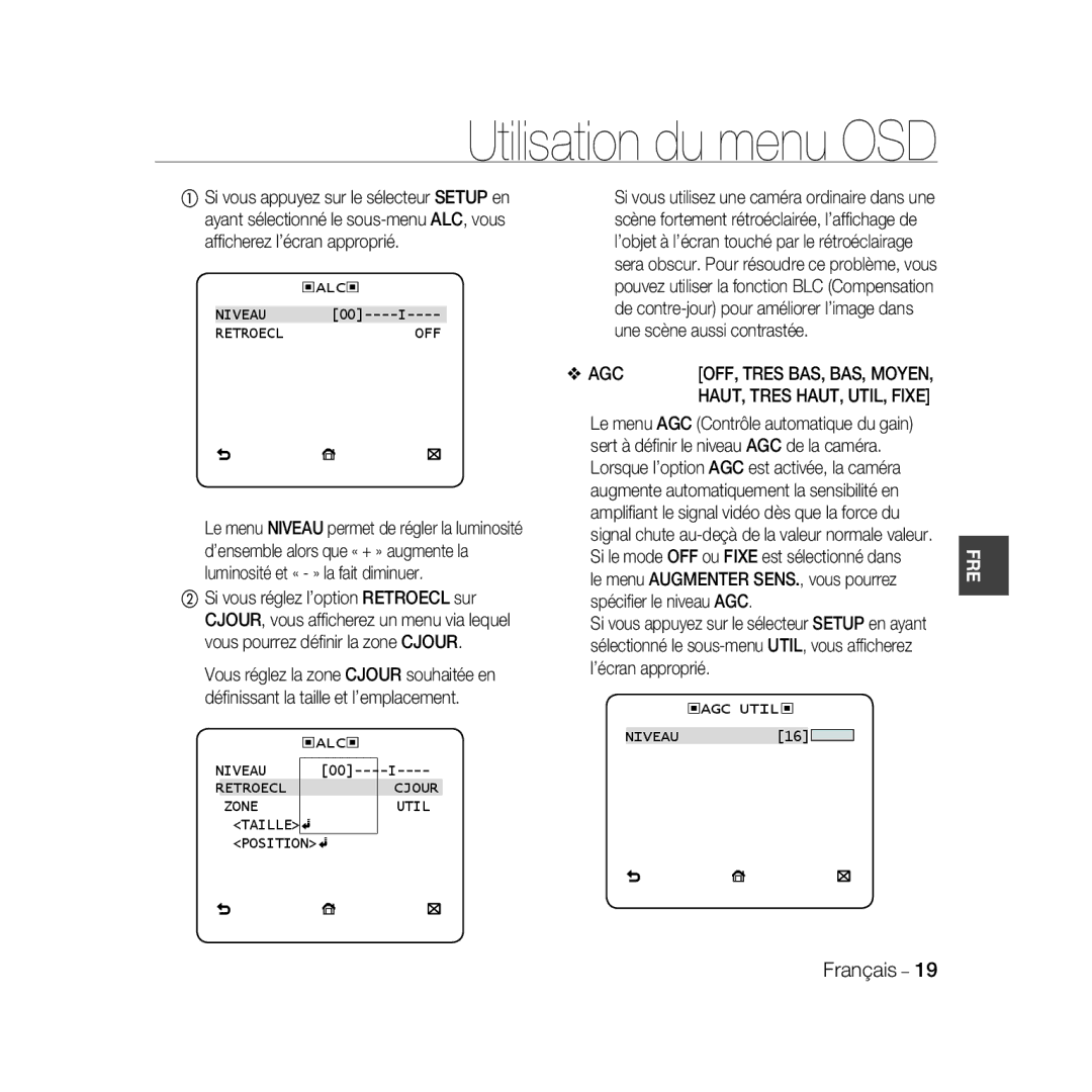 Samsung SCC-B5368P, SCC-B5368BP, SCC-B5366P manual Niveau Retroecl OFF, Niveau Retroecl Cjour Zone Util, ‹Agc Util‹ 