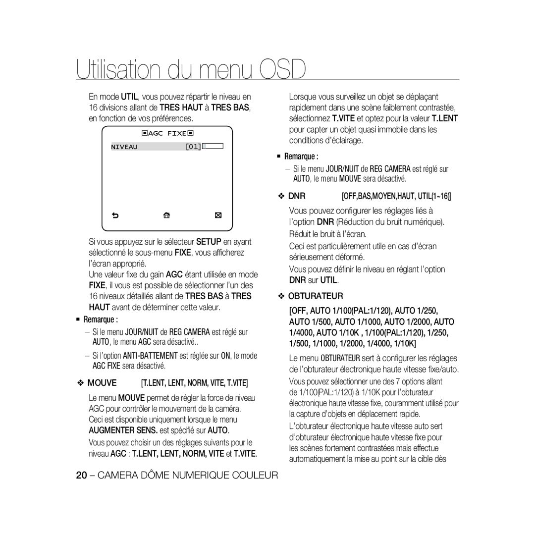 Samsung SCC-B5366P, SCC-B5368BP, SCC-B5368P, SCC-B5366BP manual Mouve, Obturateur, ‹Agc Fixe‹ 