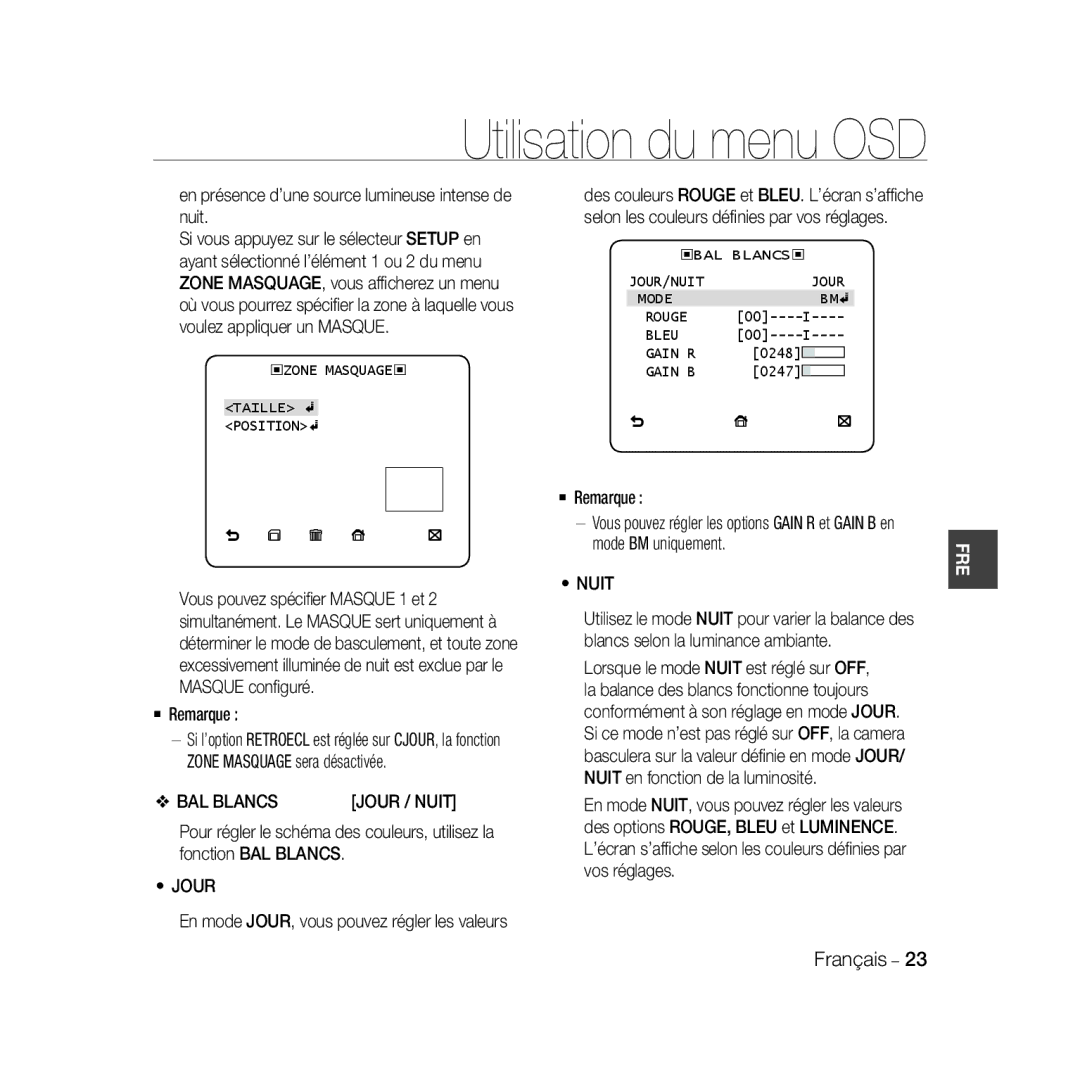 Samsung SCC-B5368P manual ‹ZONE MASQUAGE‹ Taille Position, ‹BAL Blancs ‹ JOUR/NUIT Jour Mode Rouge Bleu Gain R, Gain B 