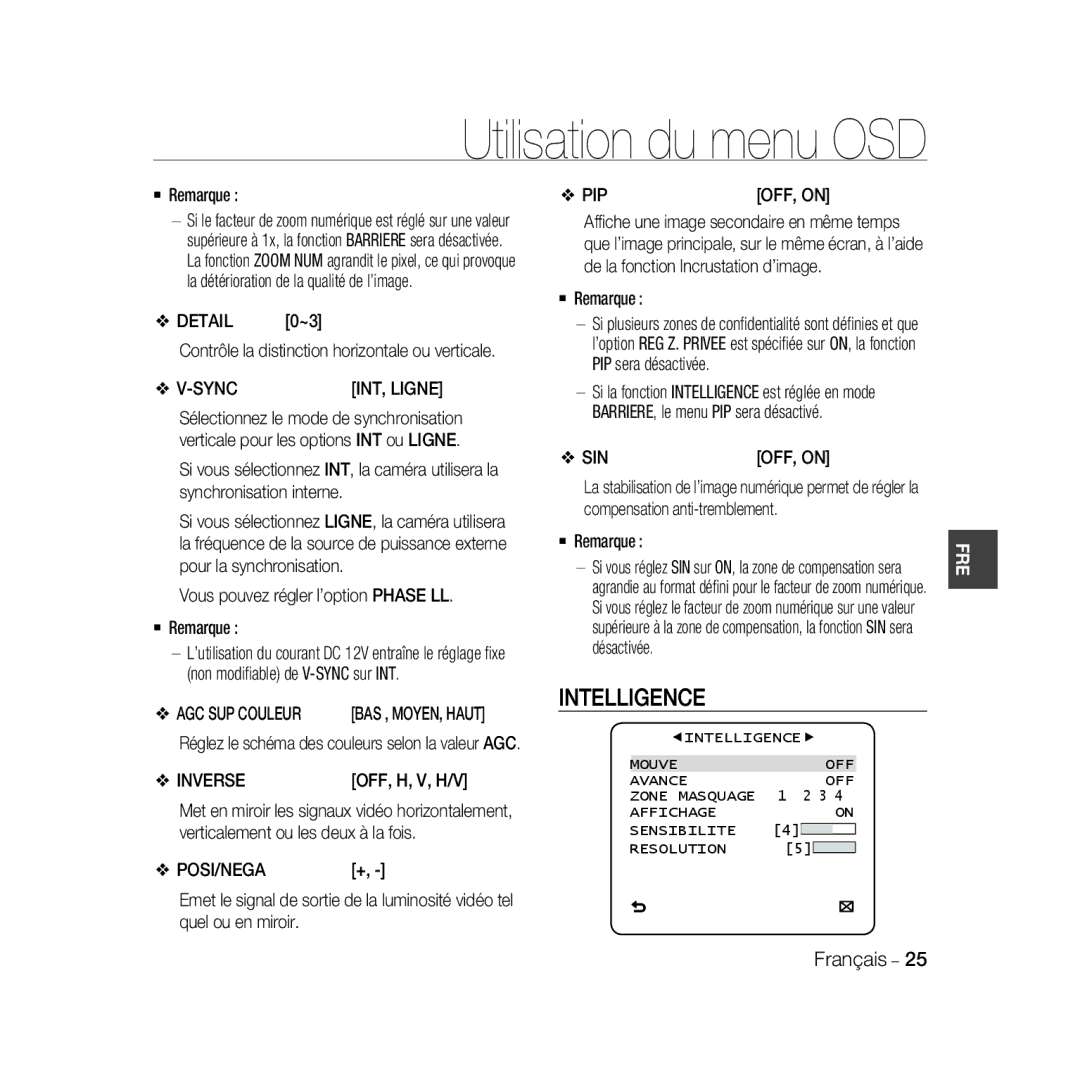 Samsung SCC-B5366BP manual Detail, Contrôle la distinction horizontale ou verticale Sync, Sin, AGC SUP Couleur, Inverse 