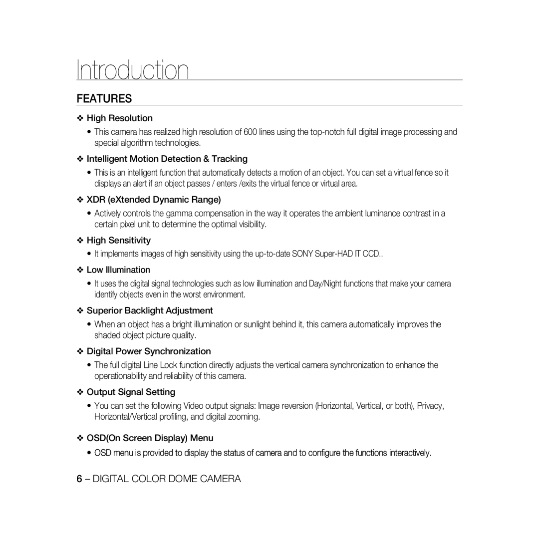 Samsung SCC-B5366P, SCC-B5368BP, SCC-B5368P, SCC-B5366BP manual Introduction, Features 