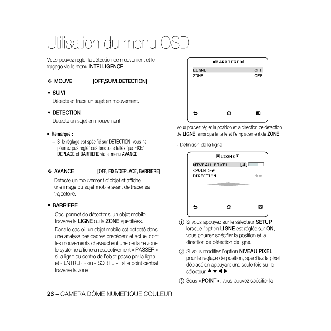 Samsung SCC-B5368BP, SCC-B5368P, SCC-B5366P, SCC-B5366BP manual Suivi, Avance, Barriere 