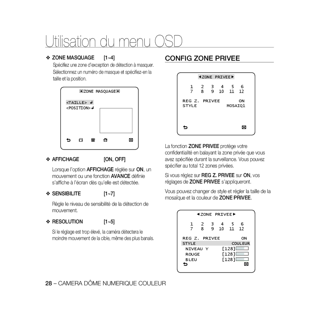 Samsung SCC-B5366P, SCC-B5368BP, SCC-B5368P, SCC-B5366BP manual Config Zone Privee, Zone Masquage 1~4, Affichage, Sensibilite 