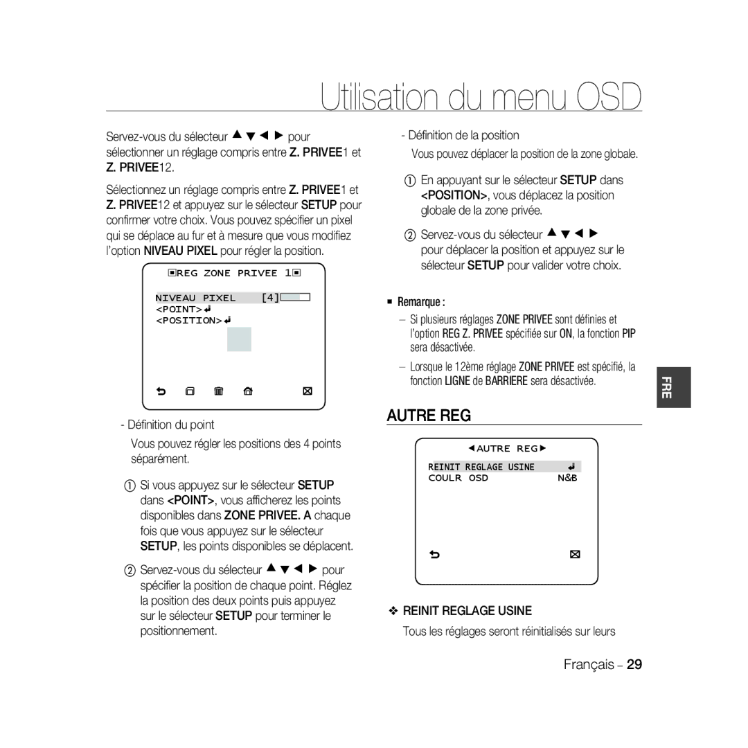 Samsung SCC-B5366BP, SCC-B5368BP manual Autre REG, Reinit Reglage Usine, Tous les réglages seront réinitialisés sur leurs 