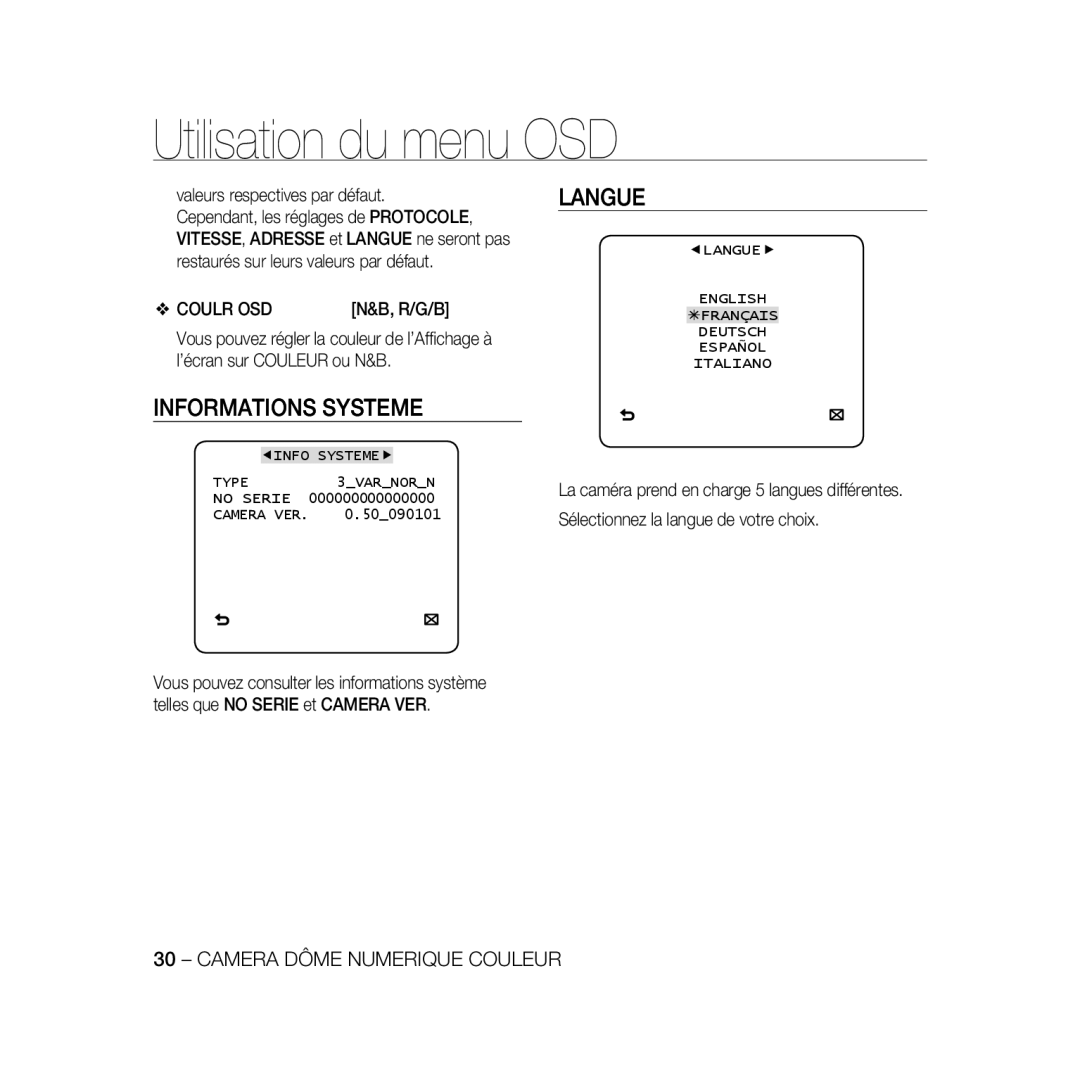 Samsung SCC-B5368BP, SCC-B5368P, SCC-B5366P, SCC-B5366BP manual Informations Systeme, Langue, Coulr OSD, R/G/B 