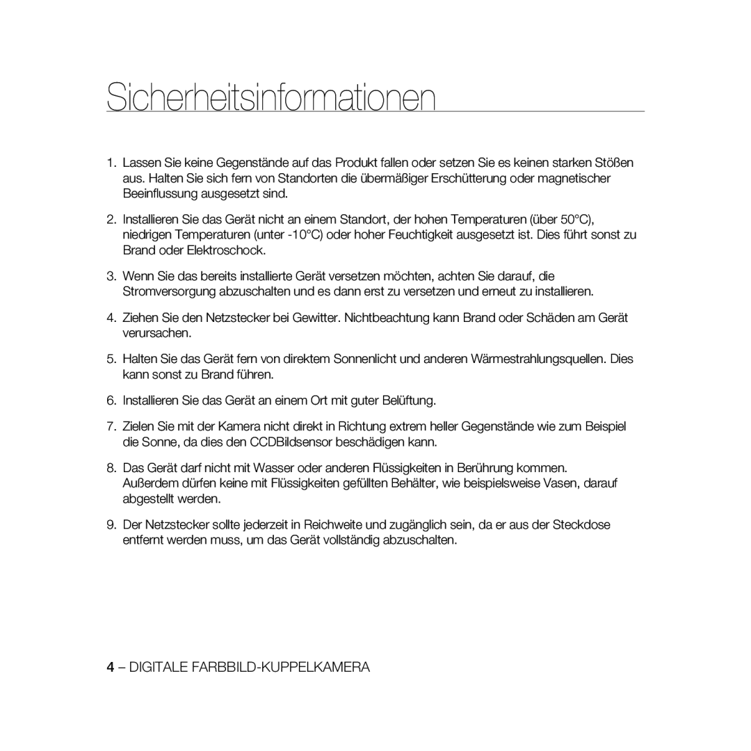 Samsung SCC-B5366P, SCC-B5368BP, SCC-B5368P, SCC-B5366BP manual Vorsicht 