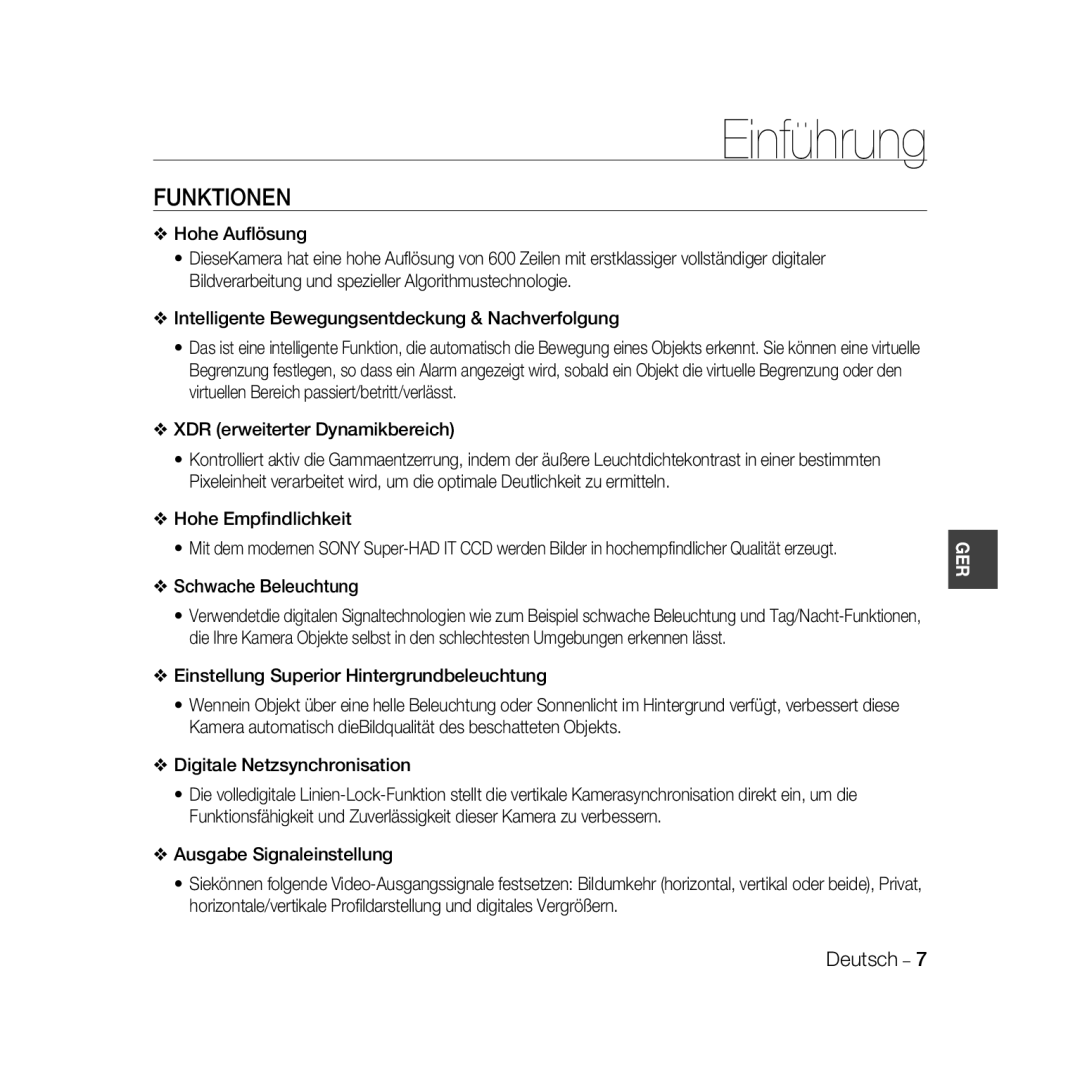 Samsung SCC-B5368P, SCC-B5368BP, SCC-B5366P, SCC-B5366BP manual Einführung, Funktionen 