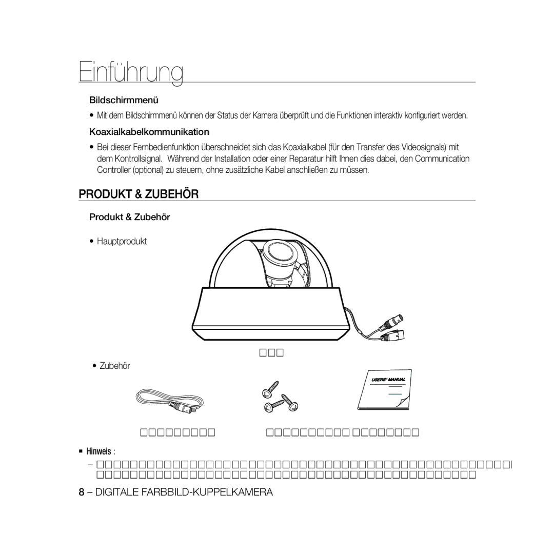 Samsung SCC-B5366P, SCC-B5368BP, SCC-B5368P manual Produkt & Zubehör, Bildschirmmenü, Koaxialkabelkommunikation,  Hinweis 