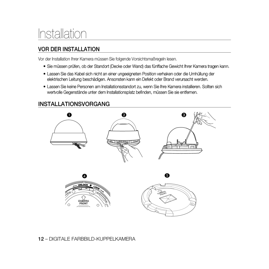 Samsung SCC-B5366P, SCC-B5368BP, SCC-B5368P, SCC-B5366BP manual VOR DER Installation, Installationsvorgang 