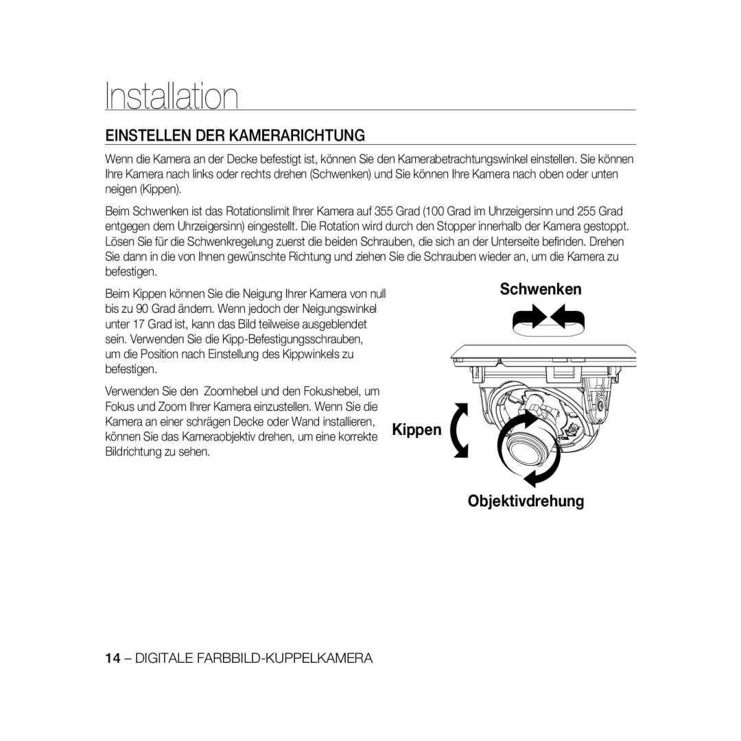 Samsung SCC-B5368BP, SCC-B5368P, SCC-B5366P, SCC-B5366BP manual Einstellen DER Kamerarichtung, Schwenken 