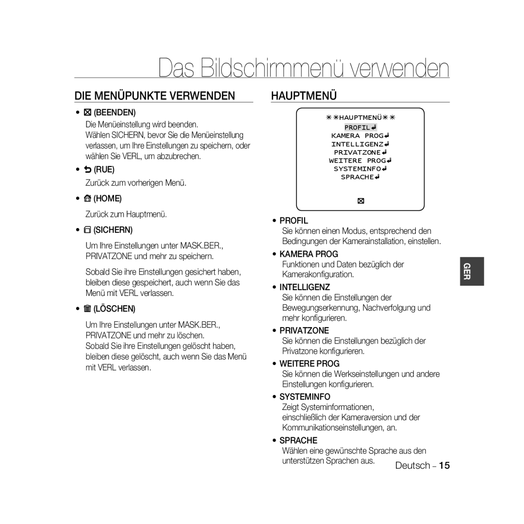 Samsung SCC-B5368P, SCC-B5368BP, SCC-B5366P, SCC-B5366BP manual DIE Menüpunkte Verwenden, Hauptmenü 