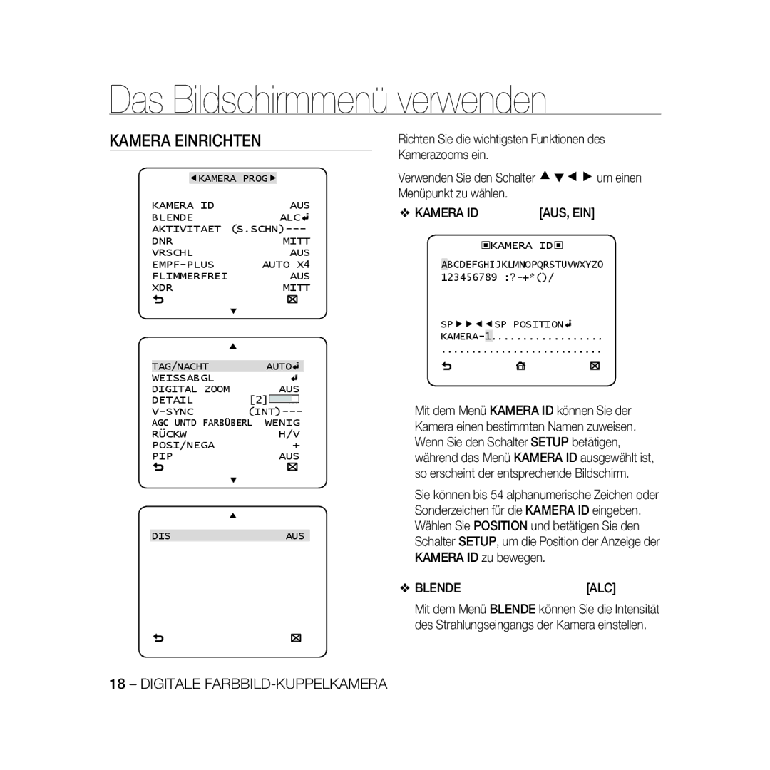 Samsung SCC-B5368BP, SCC-B5368P, SCC-B5366P, SCC-B5366BP manual Kamera Einrichten, Aus, Ein, Blende ALC 