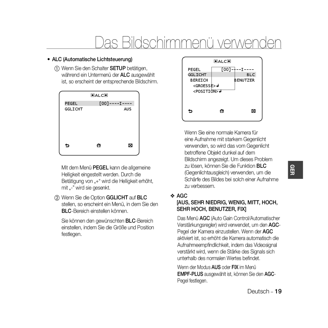 Samsung SCC-B5368P, SCC-B5368BP manual ALC Automatische Lichtsteuerung, ‹Alc‹, Gglichtaus ‹ALC‹ Pegel BLC Bereich Benutzer 