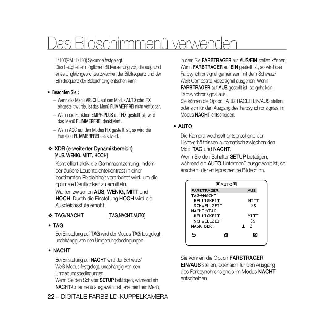 Samsung SCC-B5368BP manual 100PAL1/120 Sekunde festgelegt, Tag, Farbtrager AUS TAG Ænacht Helligkeit, Schwellzeit MASK.BER 