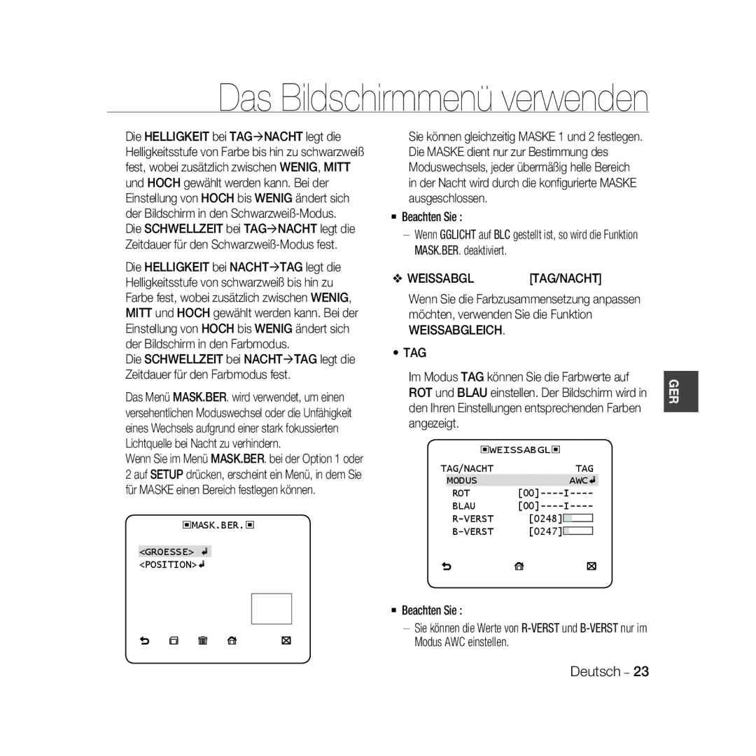 Samsung SCC-B5368P, SCC-B5368BP Weissabgltag/Nacht, Weissabgleich TAG, Modus AWC einstellen, ‹MASK.BER.‹ Groesse Position 