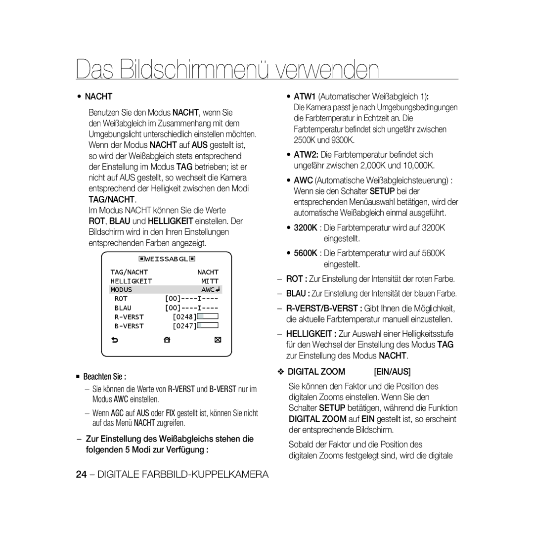 Samsung SCC-B5366P, SCC-B5368BP, SCC-B5368P, SCC-B5366BP manual Ein/Aus 