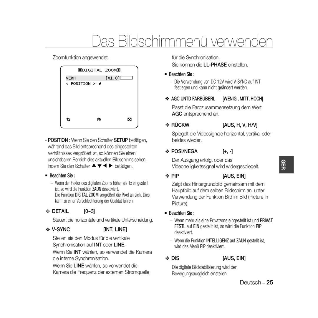 Samsung SCC-B5366BP, SCC-B5368BP manual Zoomfunktion angewendet, Detail 0~3, AGC entsprechend an, Rückw, Aus, H, V, H/V 