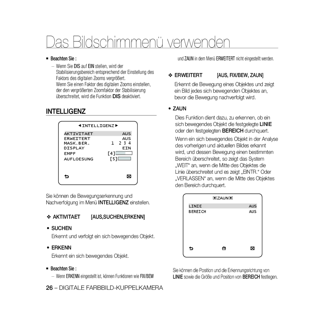 Samsung SCC-B5368BP, SCC-B5368P, SCC-B5366P, SCC-B5366BP manual Intelligenz 