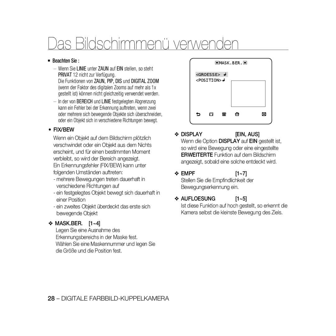 Samsung SCC-B5366P, SCC-B5368BP, SCC-B5368P, SCC-B5366BP manual Fix/Bew, Display EIN, AUS, Empf, Aufloesung 