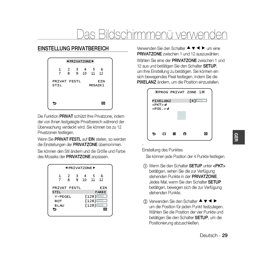 Samsung SCC-B5366BP manual Einstellung Privatbereich, Privat Festl EIN Stil MOSAIK1, Privat Festl EIN Stil Farbe Pegel 