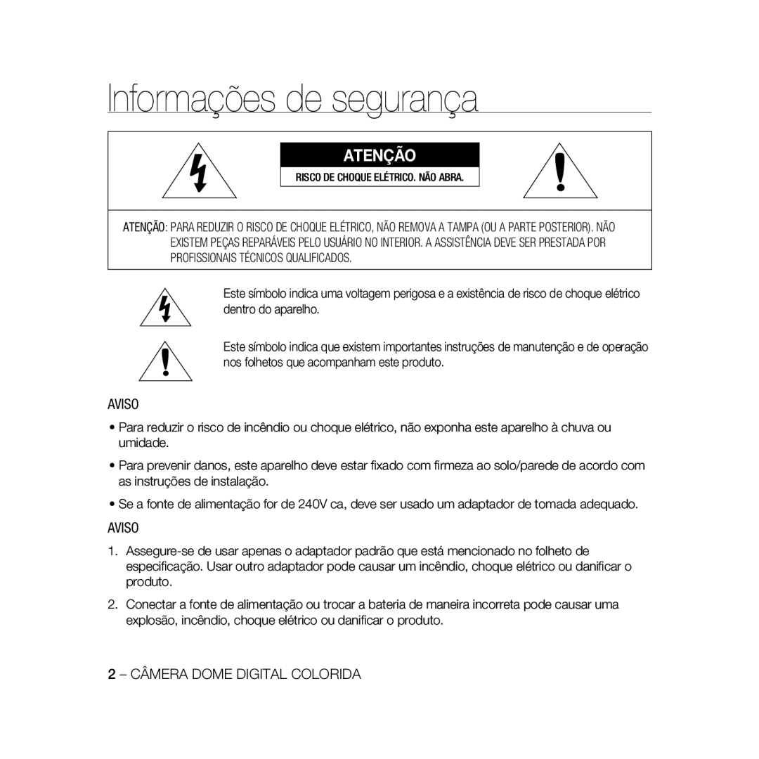 Samsung SCC-B5368BP, SCC-B5368P, SCC-B5366P, SCC-B5366BP manual Informações de segurança, Atenção 