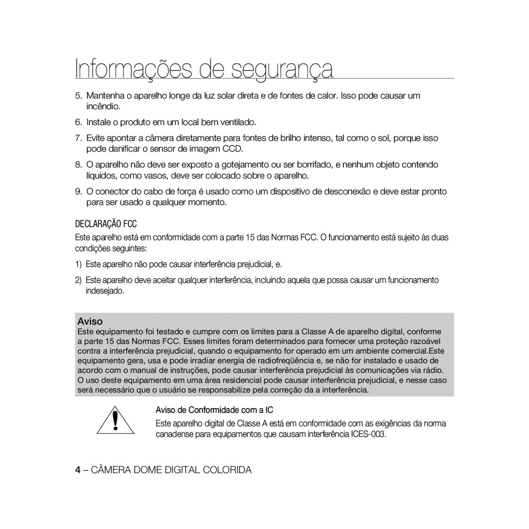 Samsung SCC-B5366P, SCC-B5368BP, SCC-B5368P, SCC-B5366BP manual Declaração FCC 