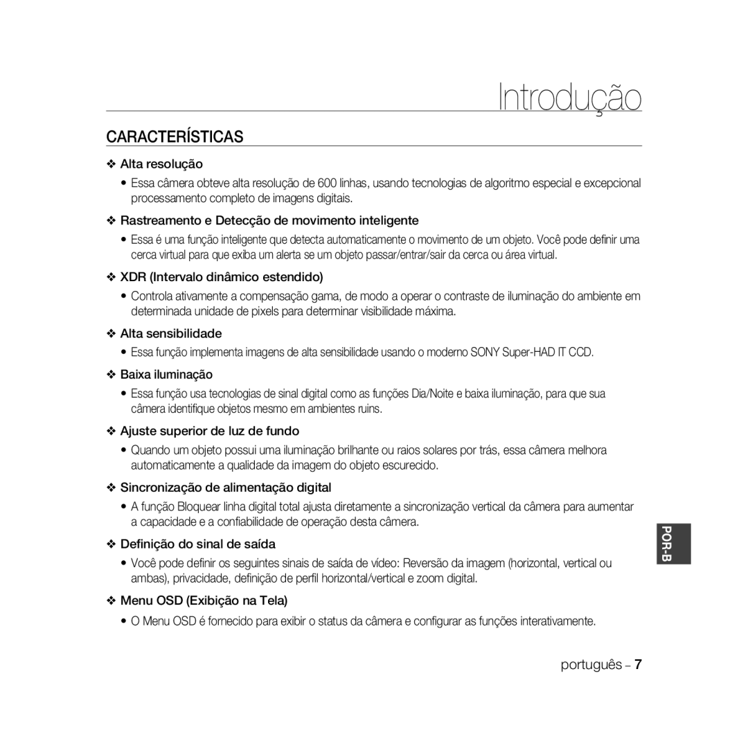 Samsung SCC-B5368P, SCC-B5368BP, SCC-B5366P, SCC-B5366BP manual Introdução, Características 